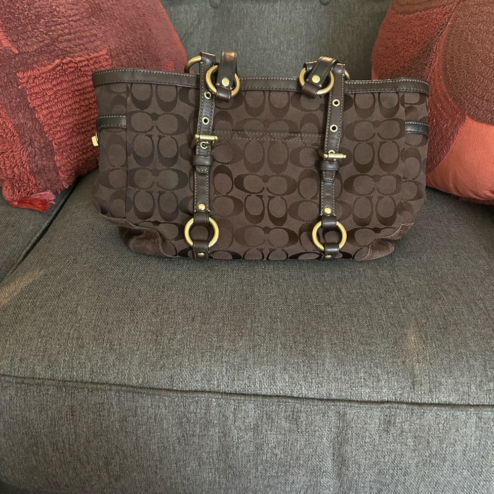 Coach Dark Brown Signature Canvas Shoulder Tote with Brass Accents